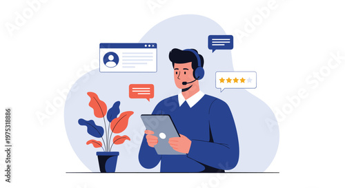 Customer support representative wearing a headset and holding a digital tablet while working in a modern office with floating chat icons.