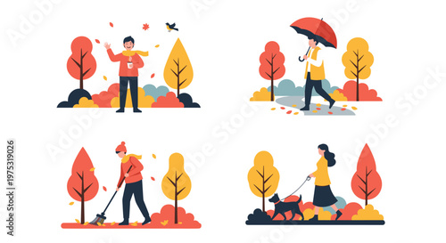 People performing various autumn activities like raking leaves, walking a dog, and carrying an umbrella through a park with colorful trees.