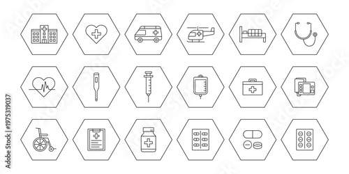 六角形のフレームで囲まれた医療に関するアイコンセット