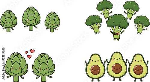 Cute Vegetable Cartoon Character Set with Avocado, Broccoli and Artichoke, Funny Healthy Food Mascots Vector Illustration Collection for Kids, Stickers and Nutrition Designs