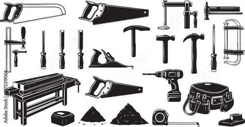 Collection of various tools and equipment for carpentry work