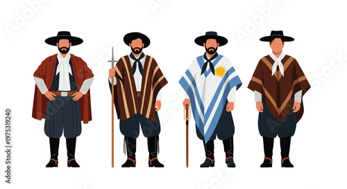 Four men dressed in traditional South American gaucho attire including ponchos, hats, and boots representing cultural heritage and history.