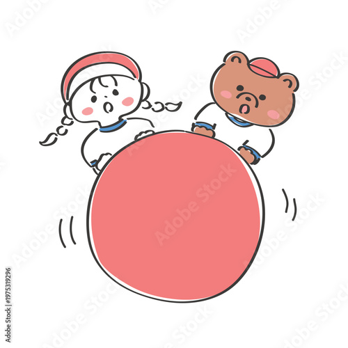 大玉転がしのイラスト｜女の子とクマが大きな玉を転がすゆるかわいいイラスト