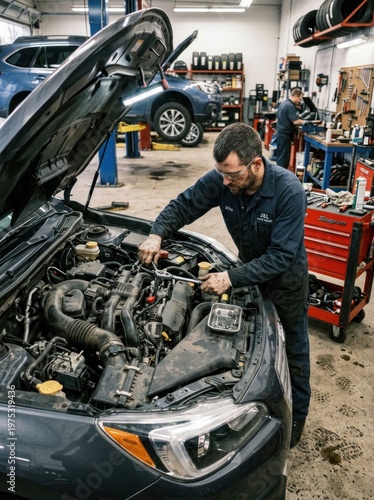 Two mechanics work on the engine of a dark blue Subaru. One mechanic, wearing safety glasses and a blue jumpsuit, is using a wrench to tighten a bolt on the engine.