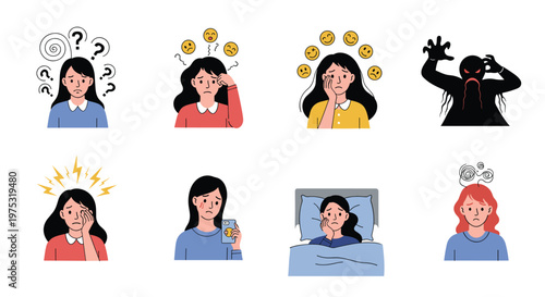 Set of illustrations depicting a woman experiencing various mental health struggles and negative emotions like stress, anxiety, and fear.