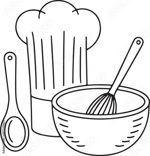 Chef hat with mixing bowl wooden spoon and wire whisk outline illustration for baking concept