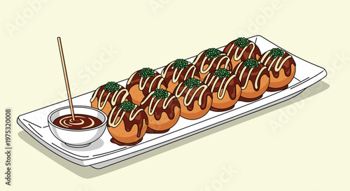 Plate of twelve takoyaki octopus balls topped with brown sauce and green flakes served with a small bowl of dipping sauce and a skewer.