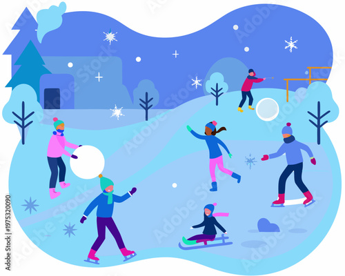 Children enjoying winter activities on a snowy landscape with a blue tone