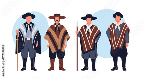 South American gaucho characters wearing traditional ponchos and wide brimmed hats while holding a spear and walking stick.