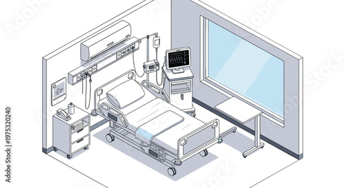 Detailed isometric illustration of a modern hospital patient room equipped with an adjustable bed, medical monitors, and support systems.