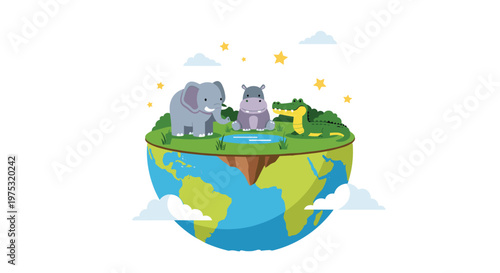 Creative illustration of wild animals like an elephant, hippo, and crocodile living on a green meadow atop a floating segment of earth.