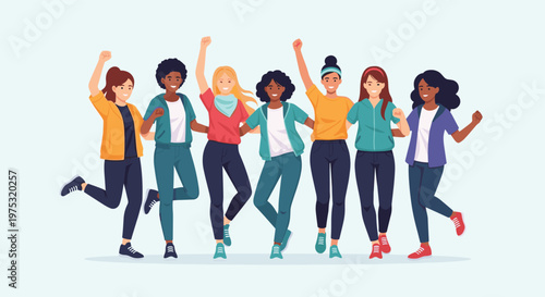 Diverse group of women standing together and celebrating with raised fists representing empowerment, sisterhood, and female strength.