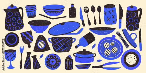 A collection of blue and black patterned kitchenware and dining objects