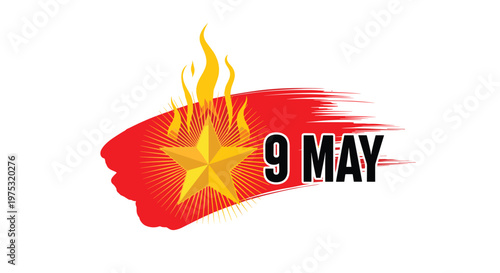 Commemorative graphic design for victory day on may ninth featuring a golden star with rays over a red paint stroke on white background.