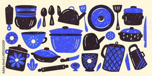 Stylized illustration of blue and black kitchenware and cooking utensils