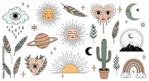 Large collection of mystical and celestial icons including suns, moons, eyes, stars, feathers, and a cactus in a desert landscape scene.