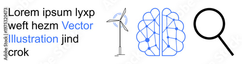 Renewable energy, artificial intelligence, innovation, sustainability, research, technology. Image shows a wind turbine, interconnected brain diagram and magnifying glass. Renewable energy