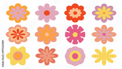 A collection of brightly colored stylized flowers arranged in a grid
