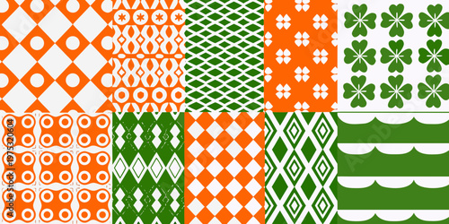 Colorful geometric patterns arranged in a grid featuring orange and green hues