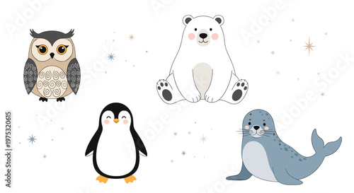 Set of adorable arctic animals including a snowy owl, a penguin, a polar bear, and a seal sitting under a starry night sky illustration.