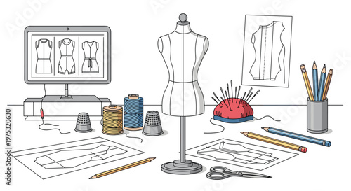 Creative fashion designer workspace featuring a mannequin, sewing threads, fabric patterns, sketches on a monitor, and work tools.