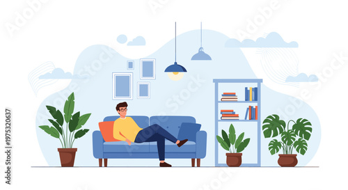 Young man relaxing on a comfortable blue sofa in a stylish modern living room decorated with various indoor plants and framed art.