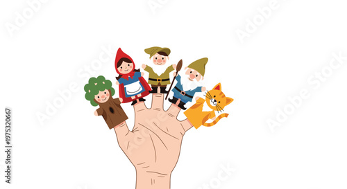 Set of colorful finger puppets on a human hand representing characters like red riding hood, gnomes, a cat, and a tree for children.
