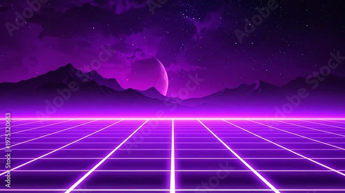 A glowing purple grid landscape under a starry night sky with distant mountains