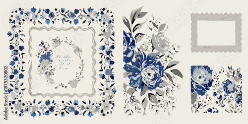 Floral frame and postage stamp designs in shades of blue and gray