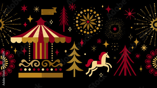 Festive illustration featuring a carousel stars and stylized christmas trees