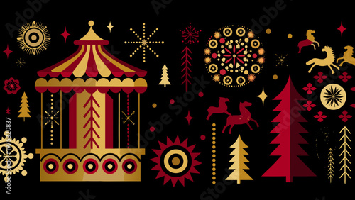 Festive russian folk art with a carousel horses and winter elements