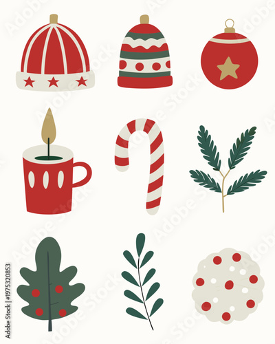 Festive christmas icons including hats ornaments and winter foliage