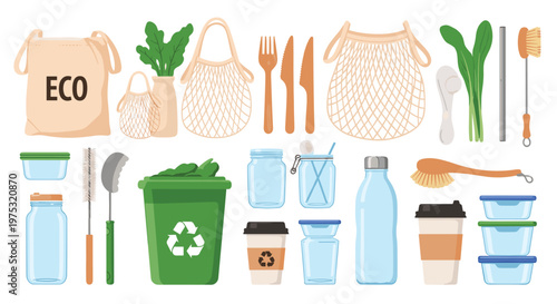 Comprehensive collection of zero waste lifestyle items including reusable bags, glass jars, bamboo cutlery, and metal straws.