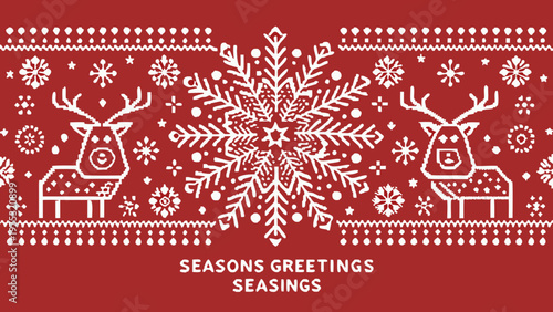 Festive red christmas pattern with reindeer and snowflake designs