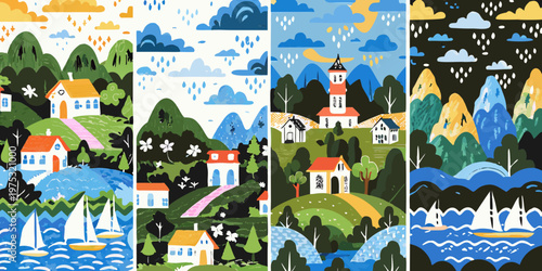 Stylized landscape patterns featuring houses mountains and nautical elements
