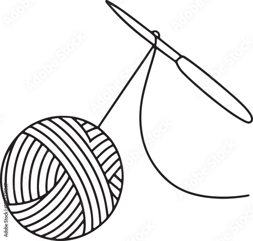 Handmade Knitting Yarn Ball with Crochet Hook Line Art Illustration for Craft and Hobby Design