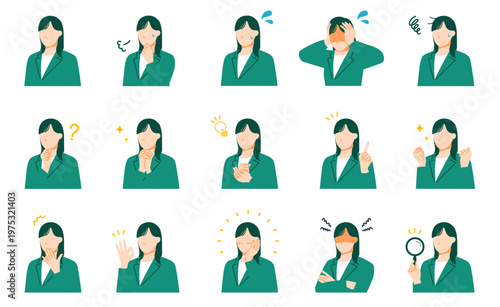 ビジネス人物(女性)の表情セット(悩む・ひらめき・OKなどのリアクションイラスト集)