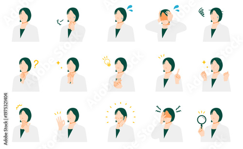 ビジネス人物(女性)の表情セット(悩む・ひらめき・OKなどのリアクションイラスト集)