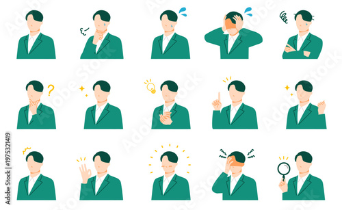 ビジネス人物(男性)の表情セット(悩む・ひらめき・OKなどのリアクションイラスト集)