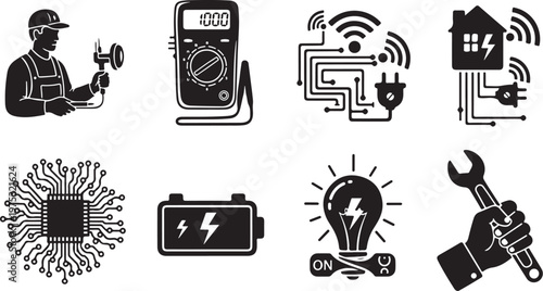 Electrician tools and technology icons for modern electrical work