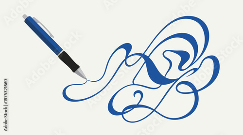 A blue ballpoint pen drawing a continuous flowing abstract line illustration.