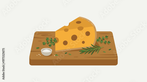 A cartoon illustration of a wedge of Swiss cheese with herbs on a wooden board.