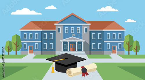 A black mortarboard graduation cap with a golden tassel and a rolled diploma scroll.