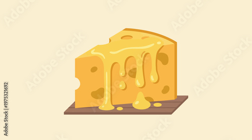 A delicious cartoon wedge of Swiss cheese with melting drips on a board.