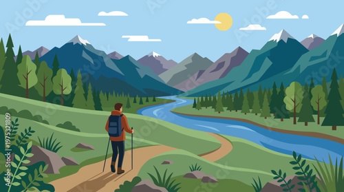 A solo male hiker with a backpack and trekking poles walks along a path.