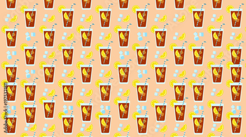A vibrant and repetitive pattern of iced tea with lemon slices and straws.