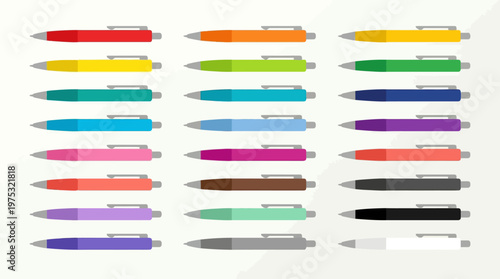 A vibrant collection of colorful retractable ballpoint pens arranged in a neat grid.