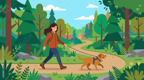 A young woman with a backpack walking her happy dog on a leash through a scenic nature trail.