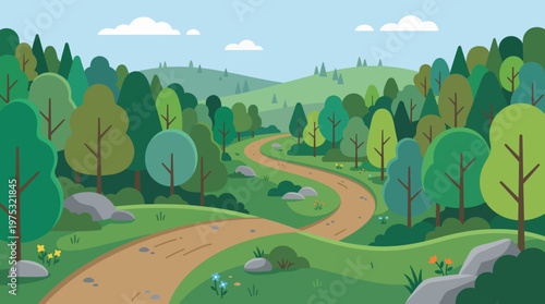 A winding dirt road through a lush green forest landscape illustration.