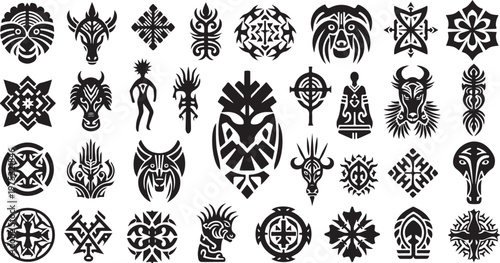 Collection of tribal symbols and abstract designs on white
